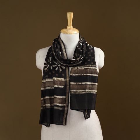 Black - Pipad Hand Block Print Natural Dyed Chanderi Silk Handloom Stole 48