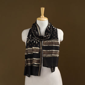 Black - Pipad Hand Block Print Natural Dyed Chanderi Silk Handloom Stole 48