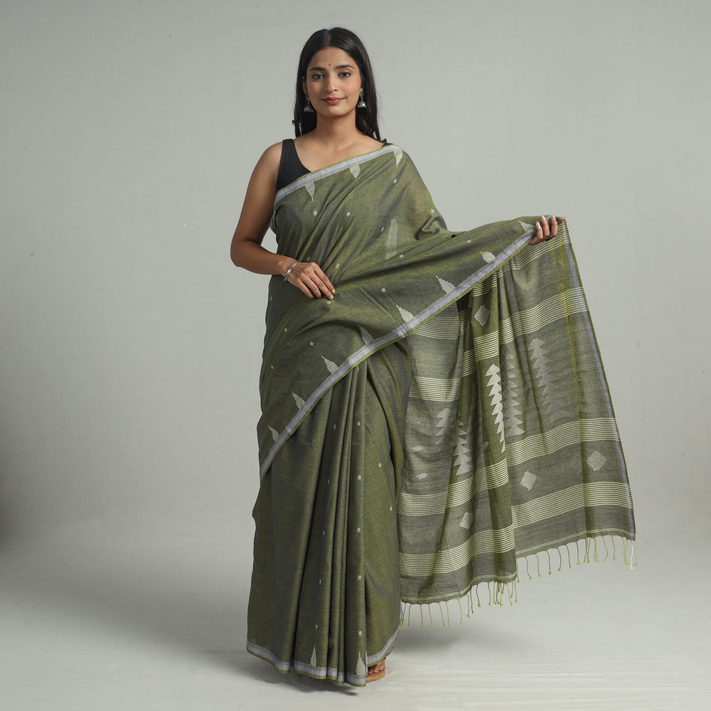 Green - Handloom Cotton Phulia Jamdani Saree with Tassels 14