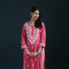 Pink - Hand Embroidered Rayon Chikankari Kurta with Palazzo Set for Women 11