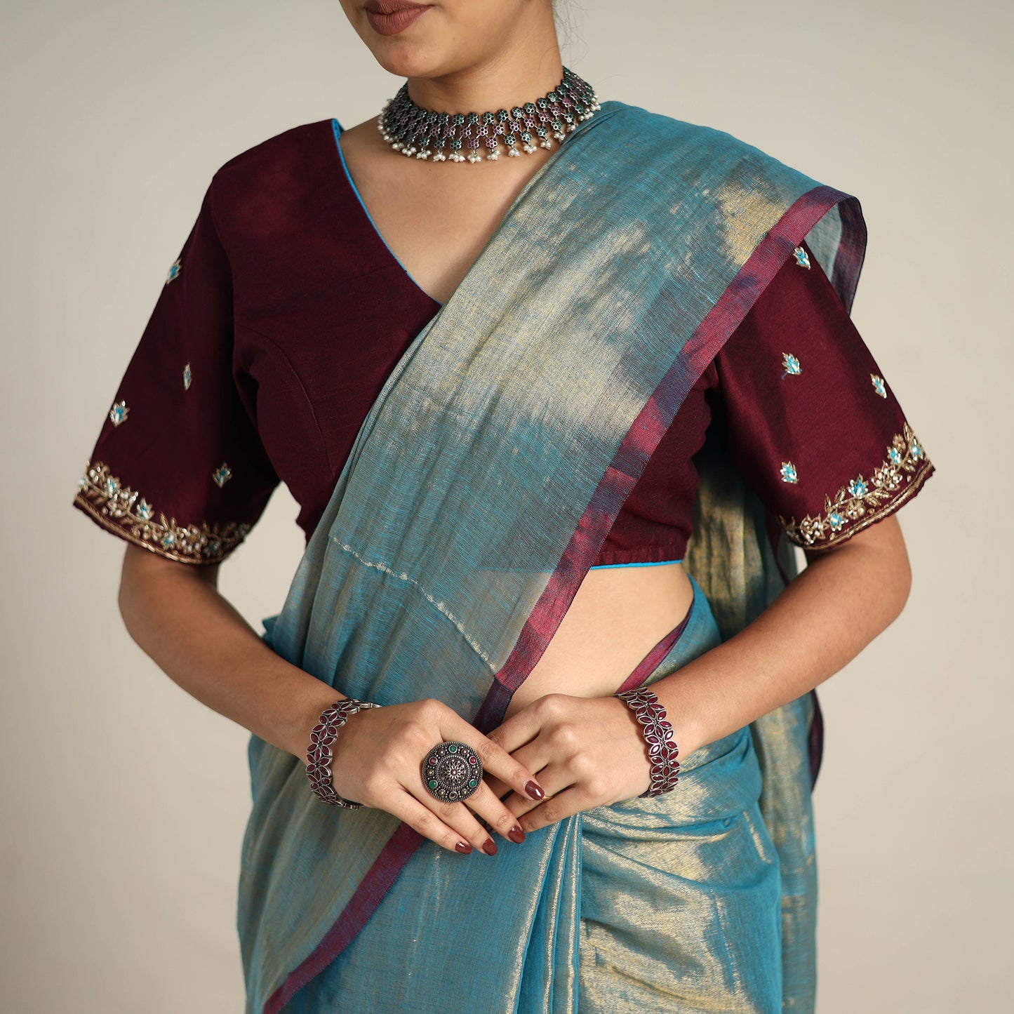 Blue - Fine Tissue Zari Bengal Saree with Embroidered Blouse 01