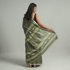 Green - handloom cotton phulia jamdani saree with tassels