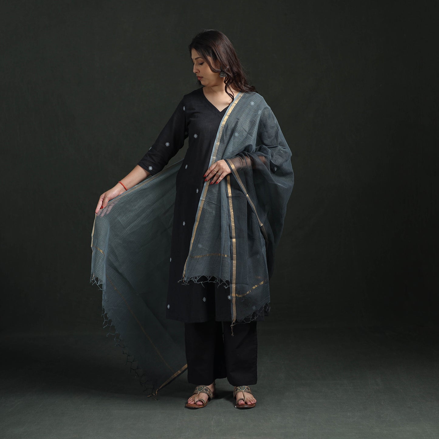 Plain Slub Cotton Hand Embroidered Suit Set with Dupatta for women 06