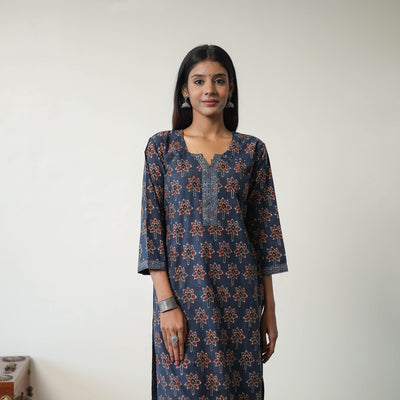 Blue - Block Printed Cotton Straight Ajrakh Kurta 30