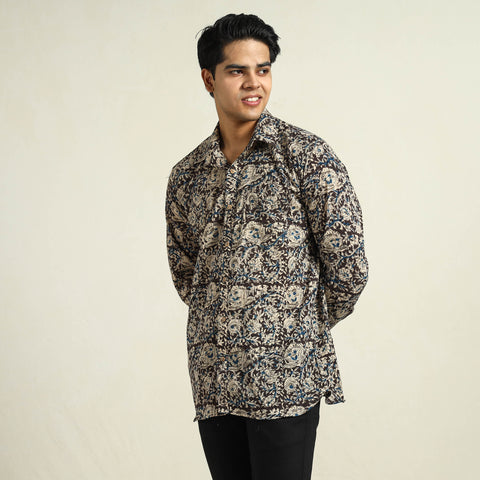 Black - Kalamkari Block Printed Cotton Men Full Sleeve Shirt 15
