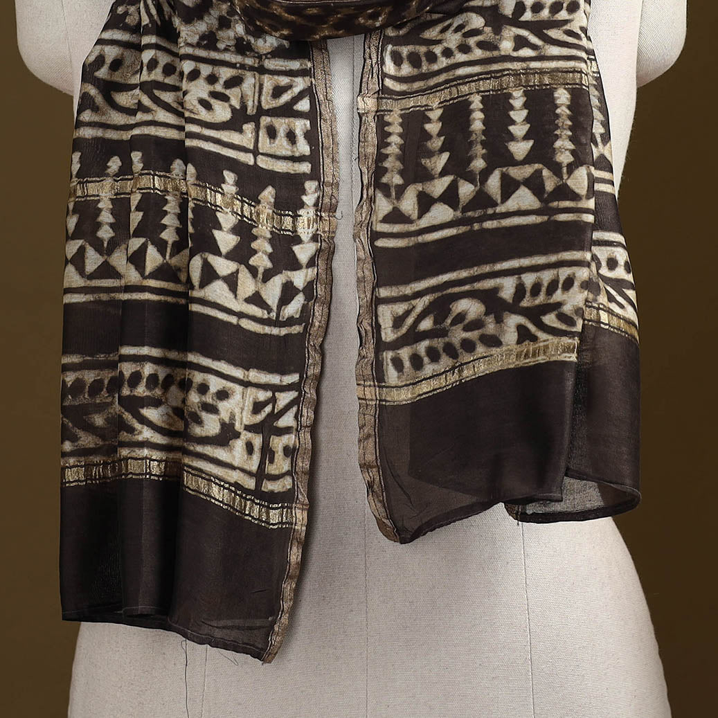 Brown - Pipad Hand Block Print Natural Dyed Chanderi Silk Handloom Stole 49