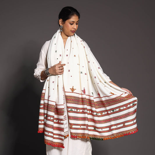 White - Traditional Kutch Weaving Handwoven Silk x Wool Stole