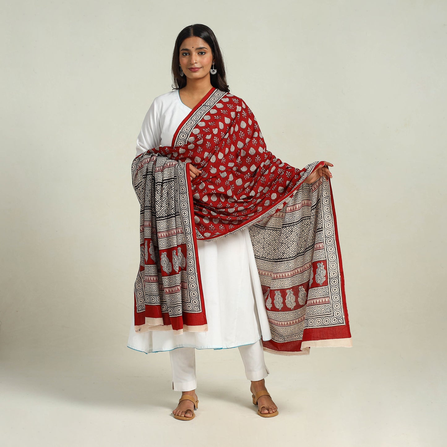 Red - Hand Block Print Cotton Bagh Dupatta 08