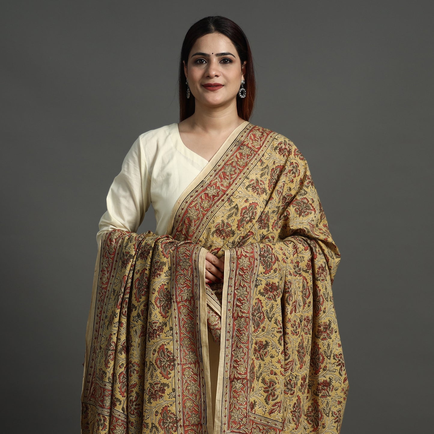 Yellow - Pedana Kalamkari Block Printed Cotton Dupatta 165