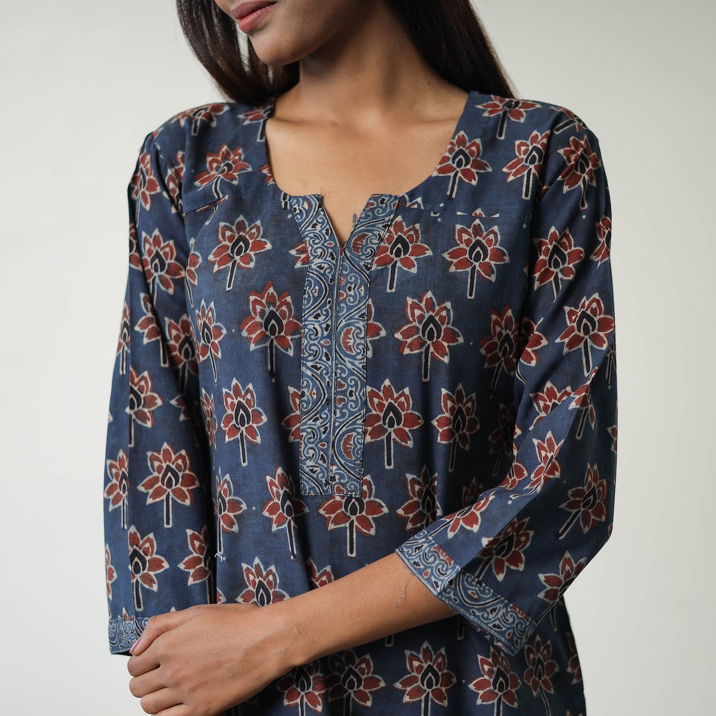 Blue - Block Printed Cotton Straight Ajrakh Kurta 30