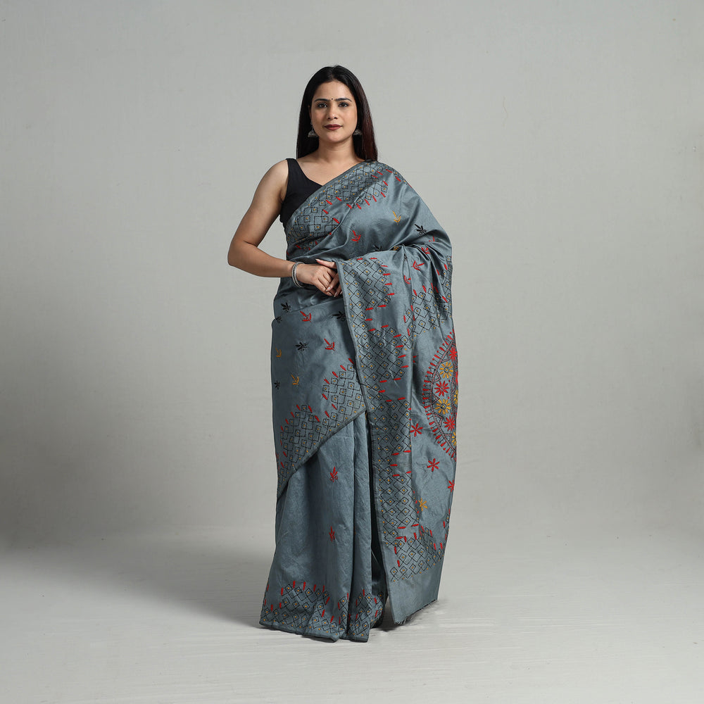 Grey - Handcrafted Bengal Nakshi Kantha Work Silk Saree 02