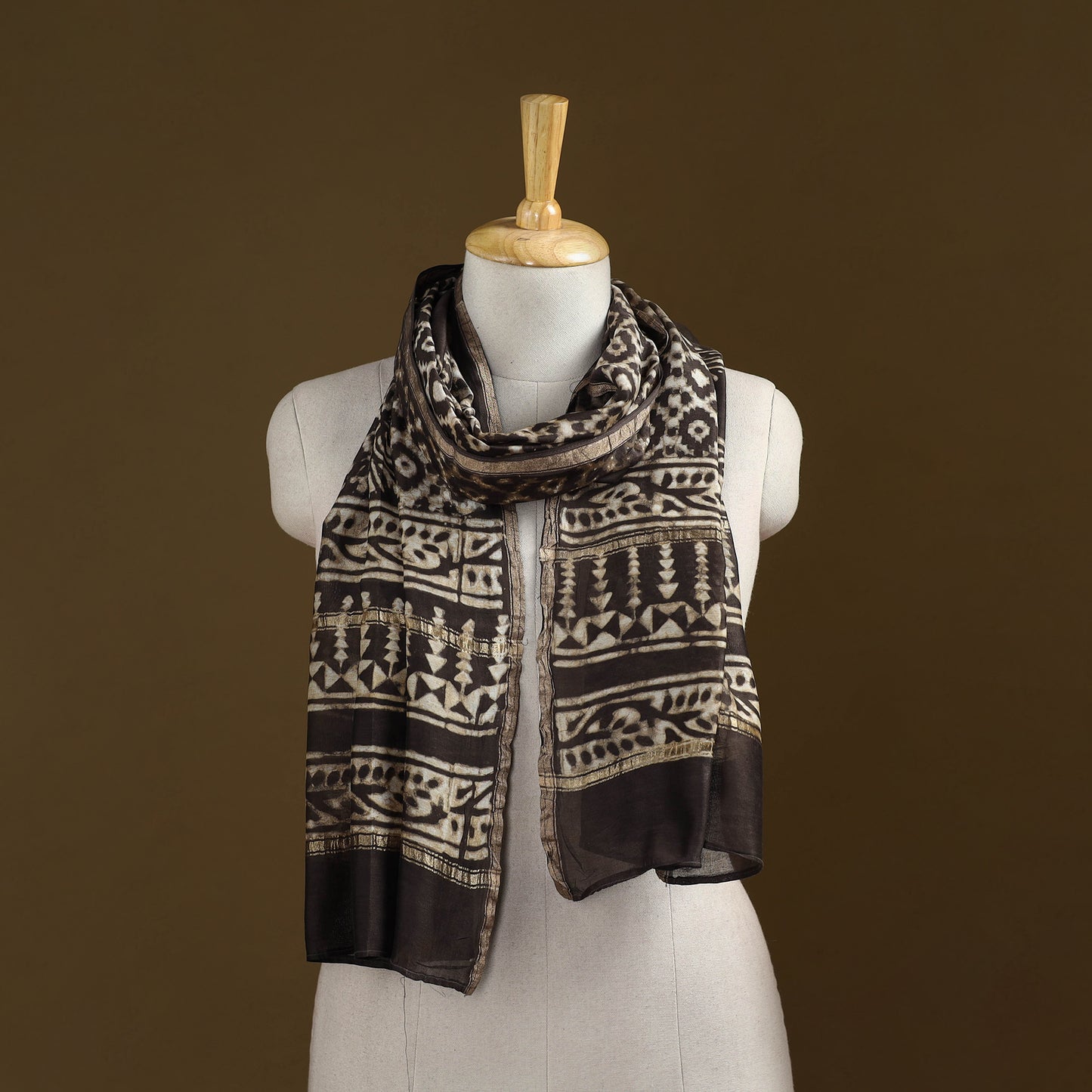 Brown - Pipad Hand Block Print Natural Dyed Chanderi Silk Handloom Stole 49