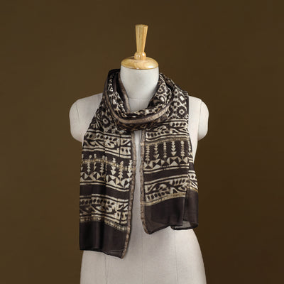 Brown - Pipad Hand Block Print Natural Dyed Chanderi Silk Handloom Stole 49