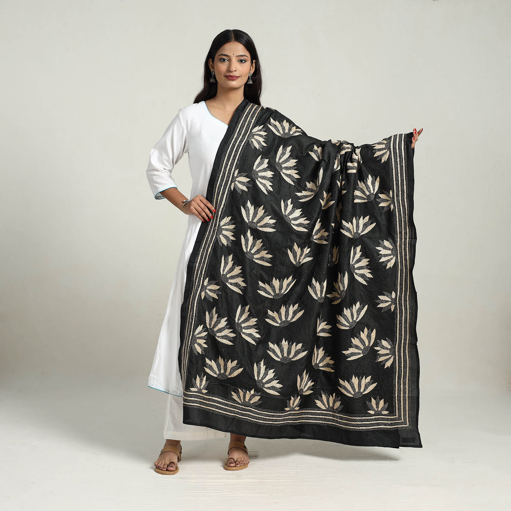 Black - Pure Silk Bengal Kantha Embroidery Dupatta 33