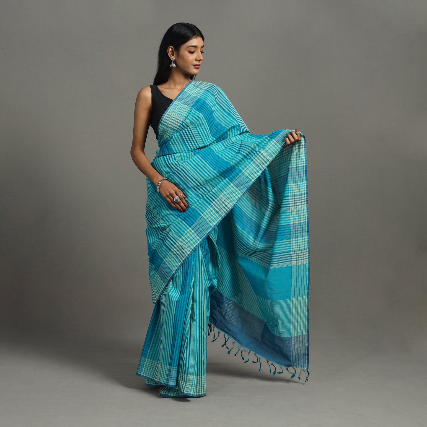 Blue - Stripes Cotton Handloom Saree 09