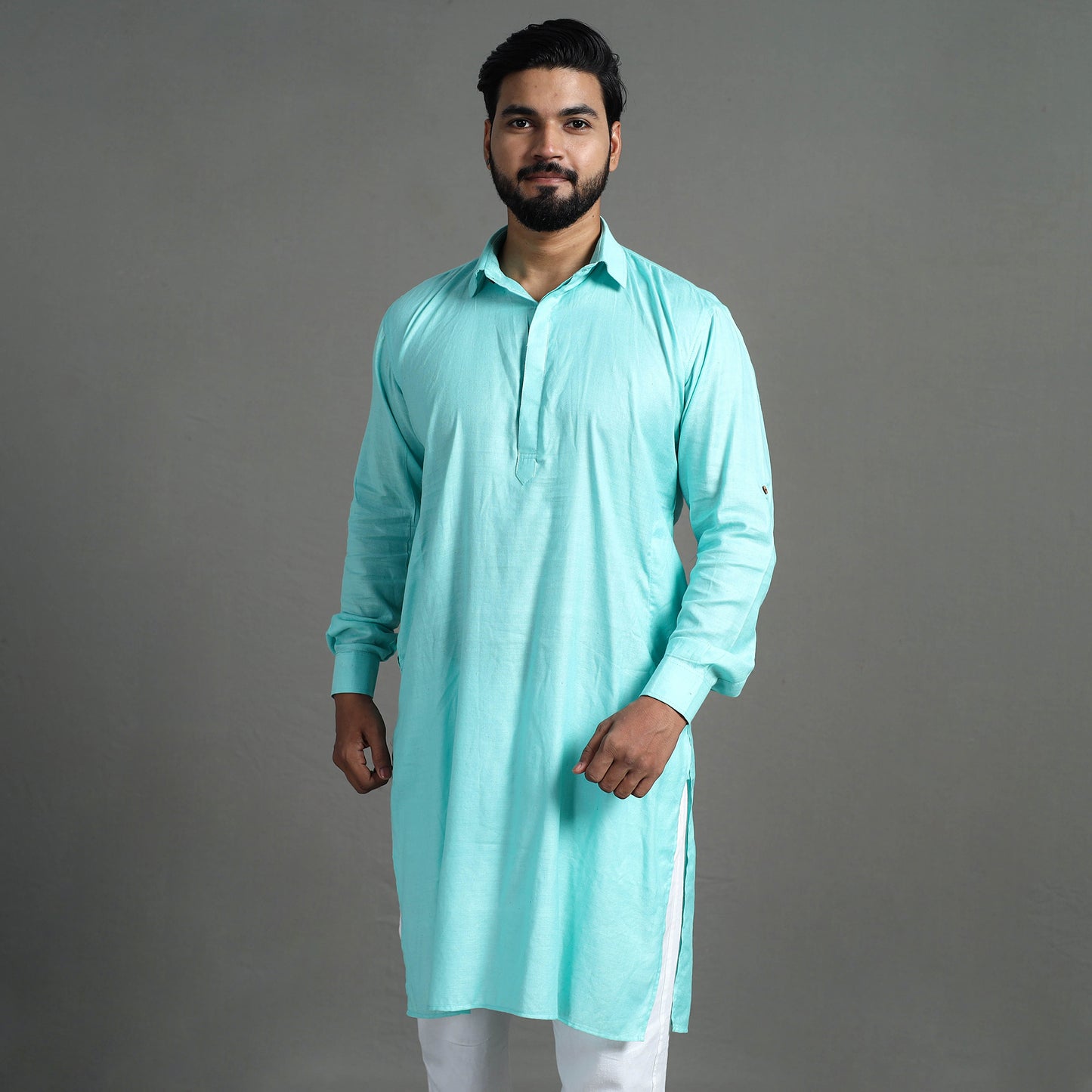 Aqua Green - Linen Viscose Plain Men Long Pathani Kurta