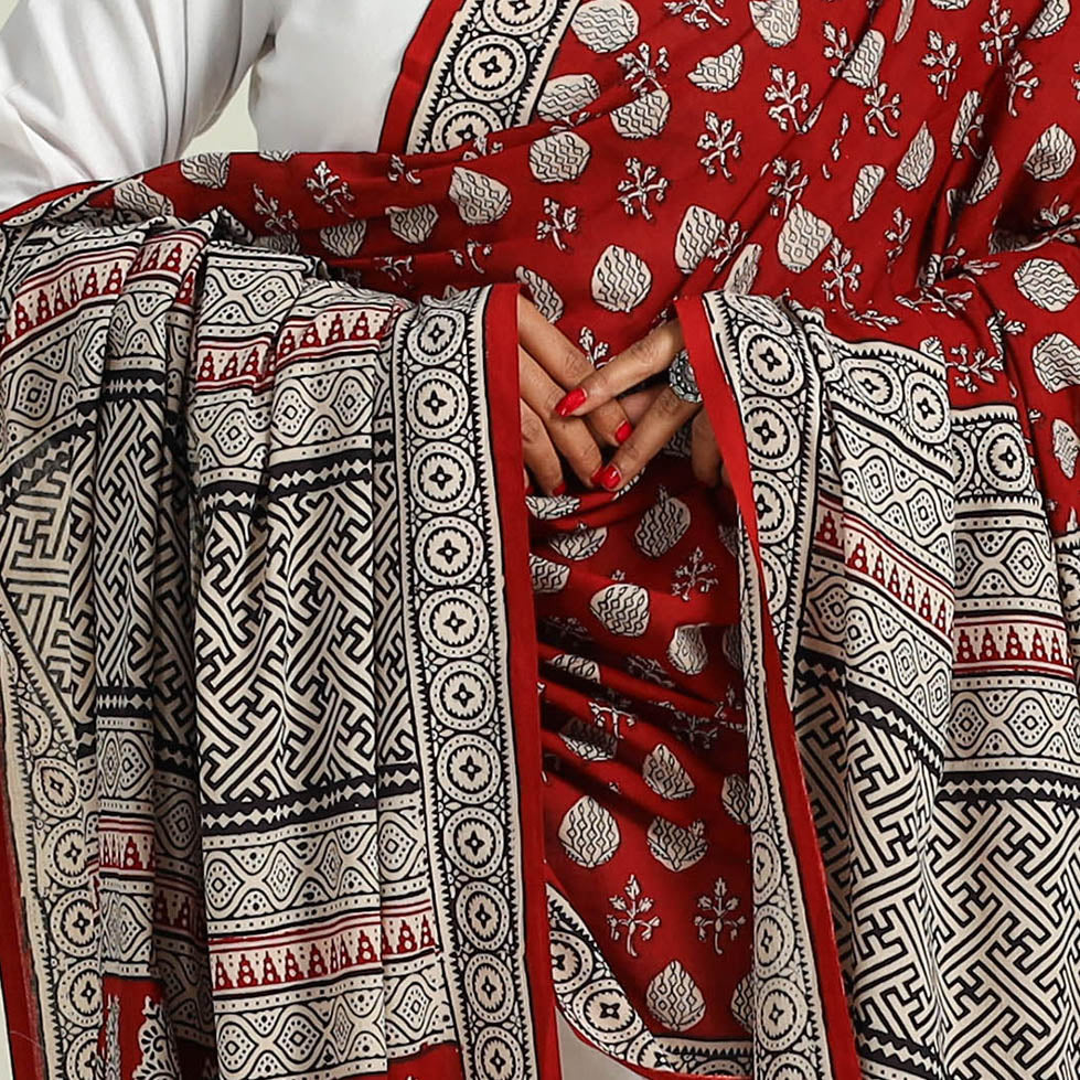 Red - Hand Block Print Cotton Bagh Dupatta 08