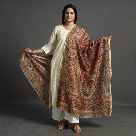 Maroon - Pedana Kalamkari Block Printed Chanderi Silk Handloom Dupatta with Zari Border 76