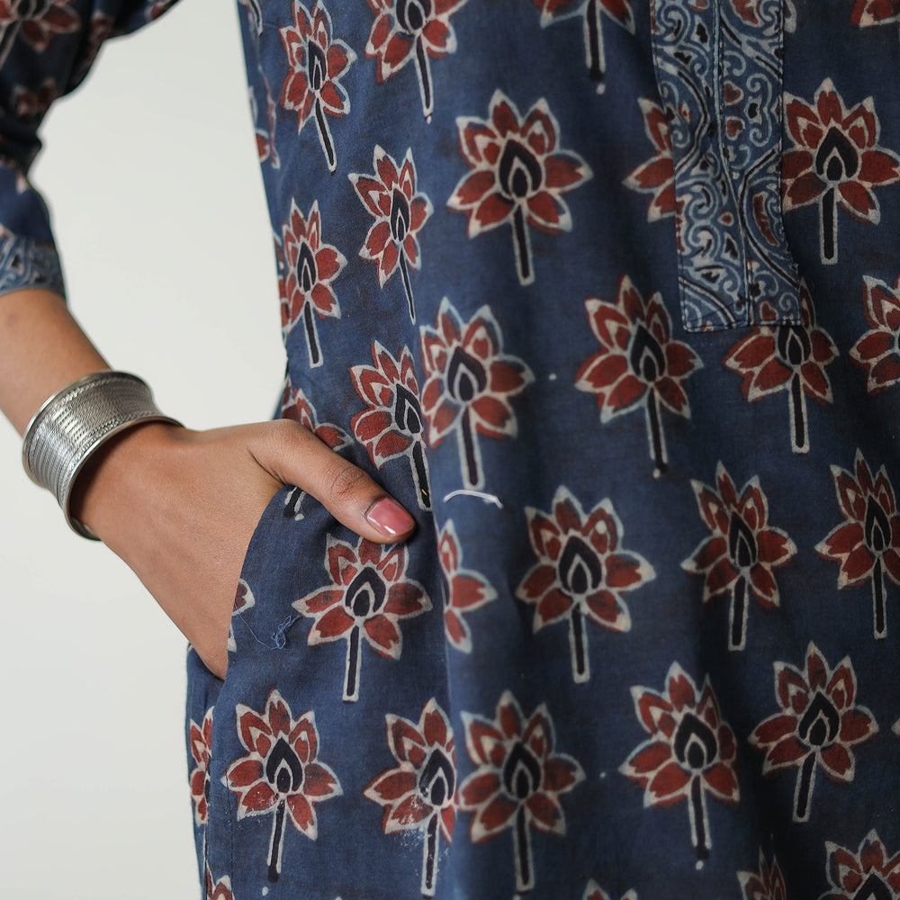 Blue - Block Printed Cotton Straight Ajrakh Kurta 30