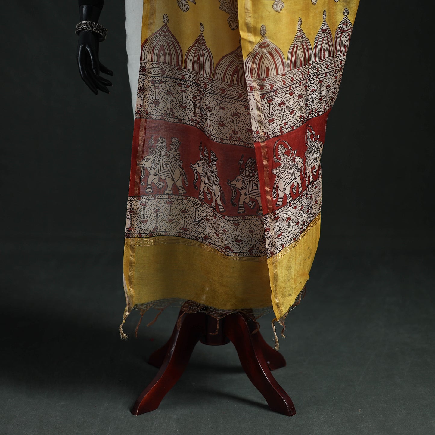 Yellow - Mata Ni Pachedi Handpainted Natural Dyed Chanderi Silk Handloom Dupatta 10
