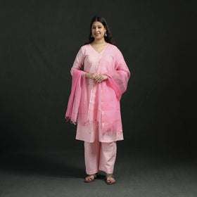 Plain Slub Cotton Hand Embroidered Suit Set with Dupatta for women 07