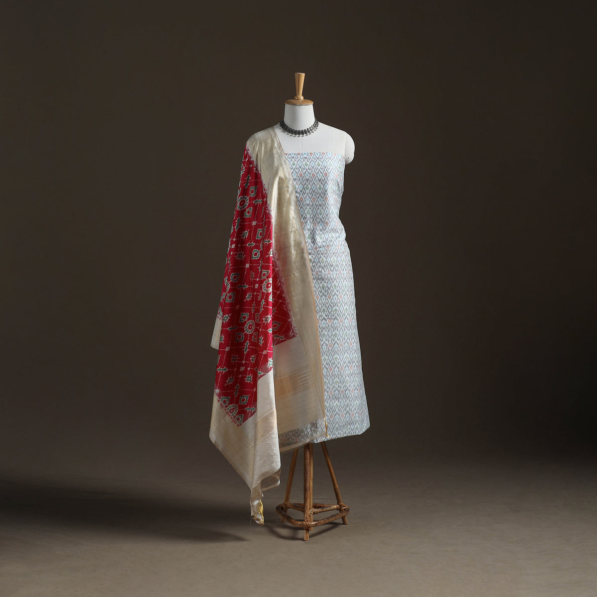 Pochampally Ikat Handloom Sico Unstitched Dress Material: Kurta with Mulberry Silk Dupatta 38