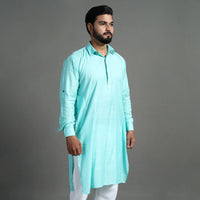 Aqua Green - Linen Viscose Plain Men Long Pathani Kurta