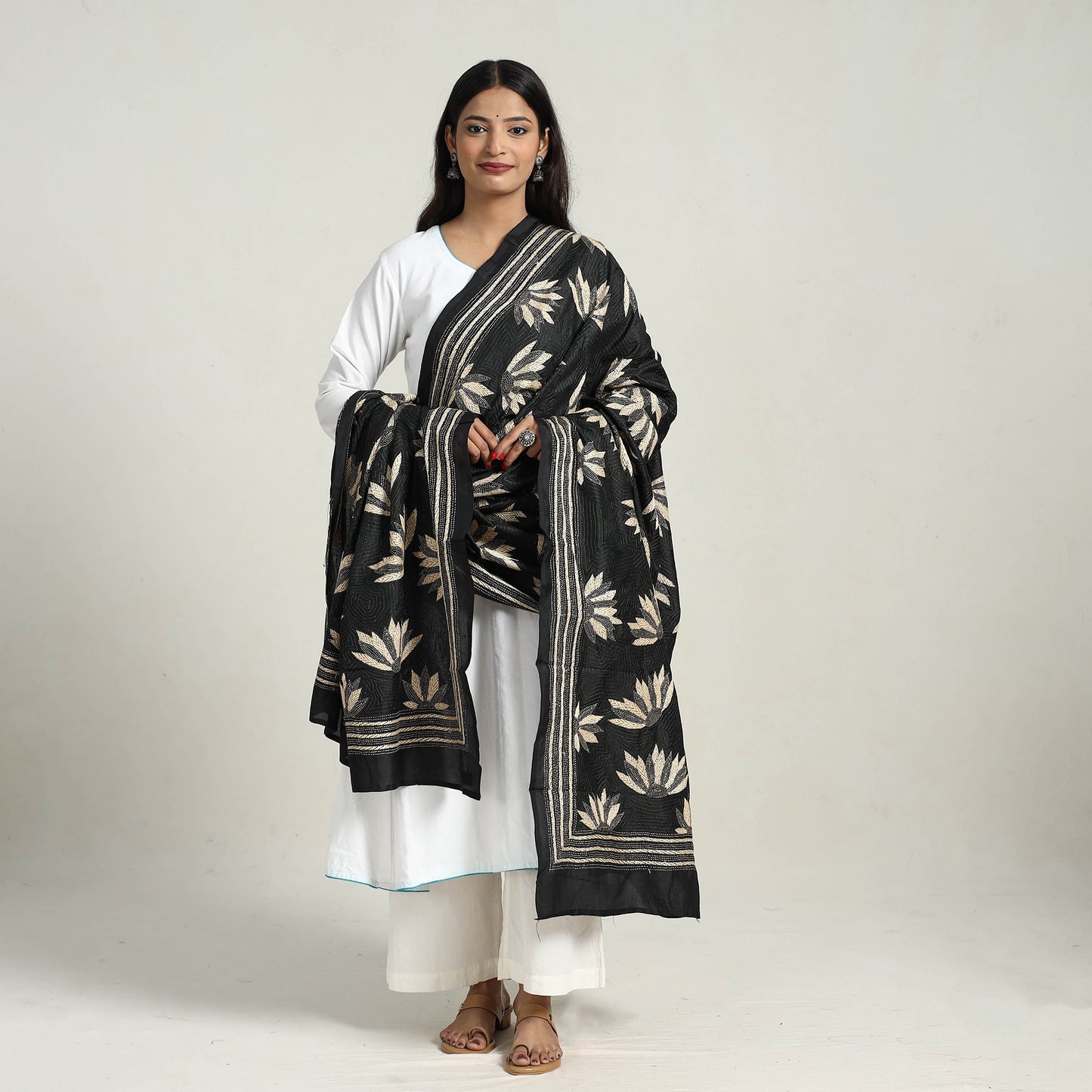 Black - Pure Silk Bengal Kantha Embroidery Dupatta 33