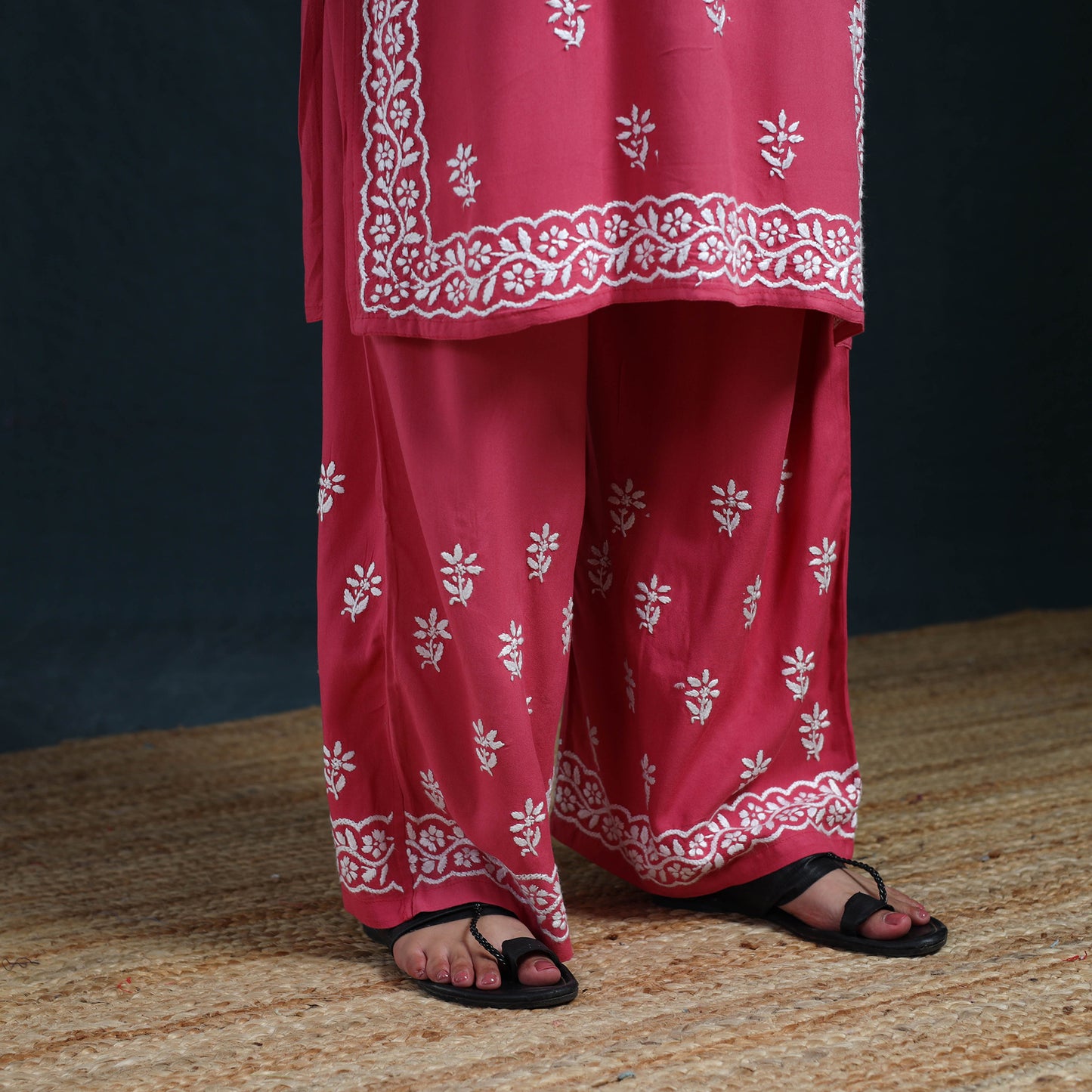 Pink - Hand Embroidered Rayon Chikankari Kurta with Palazzo Set for Women 11