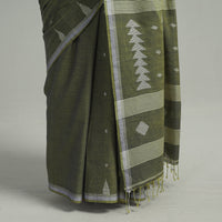 Green - Handloom Cotton Phulia Jamdani Saree with Tassels 14