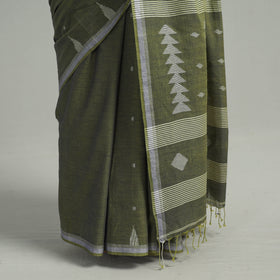 Green - handloom cotton phulia jamdani saree with tassels