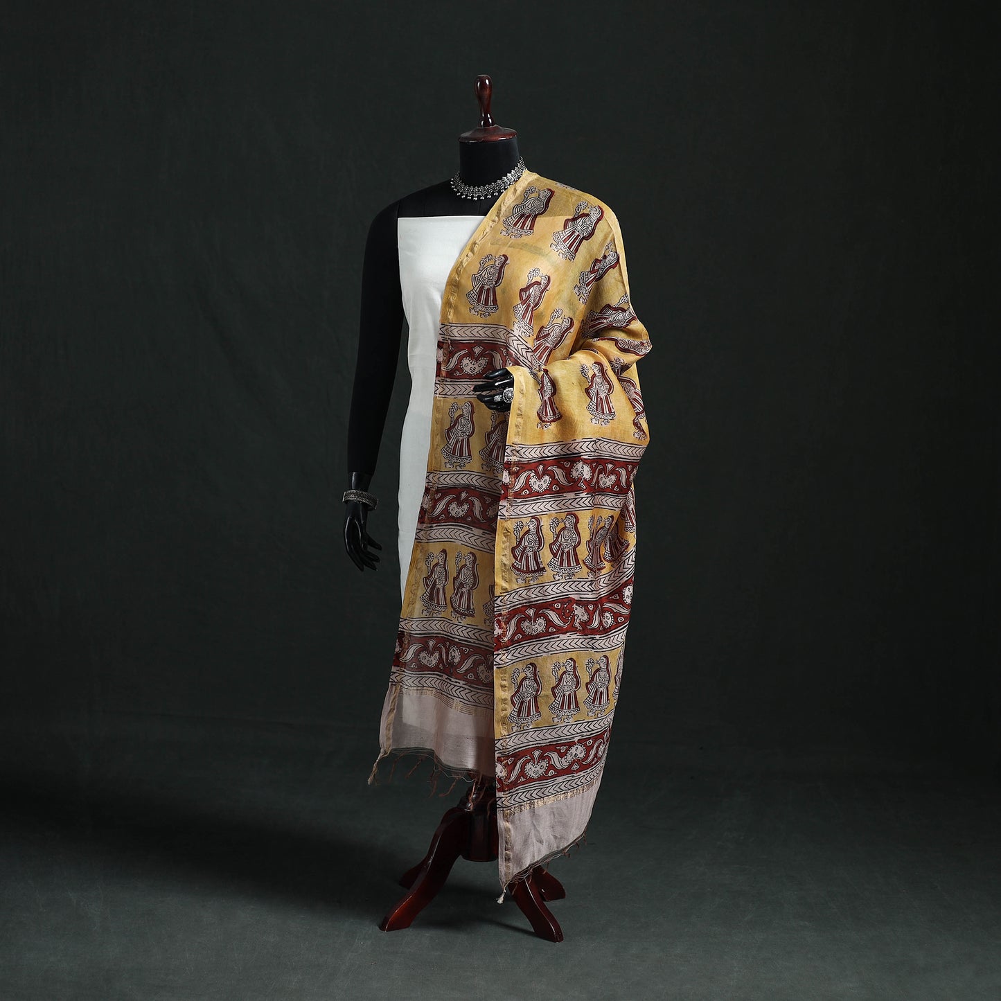 Yellow - Mata Ni Pachedi Handpainted Natural Dyed Chanderi Silk Handloom Dupatta 11