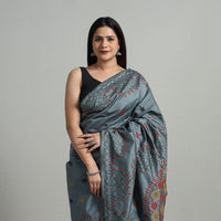 Grey - Handcrafted Bengal Nakshi Kantha Work Silk Saree 02