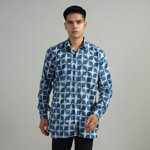 Blue - Indigo Block Printed Cotton Men Full Sleeve Shirt 16