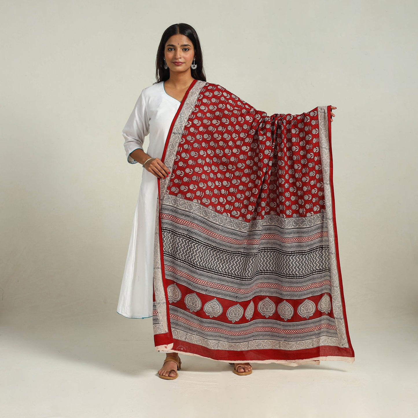 Red - Hand Block Print Cotton Bagh Dupatta 09