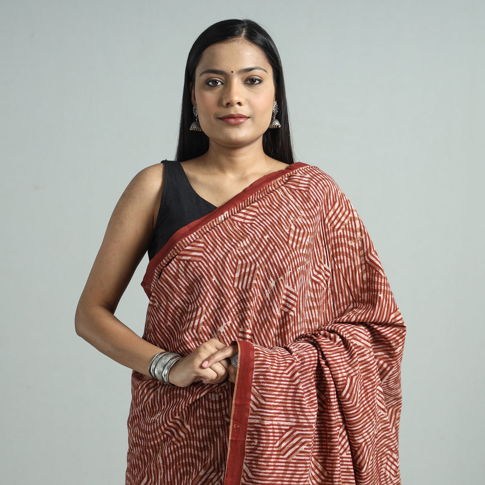 Maroon - Bindaas Art Block Printed Natural Dyed Cotton Saree 38