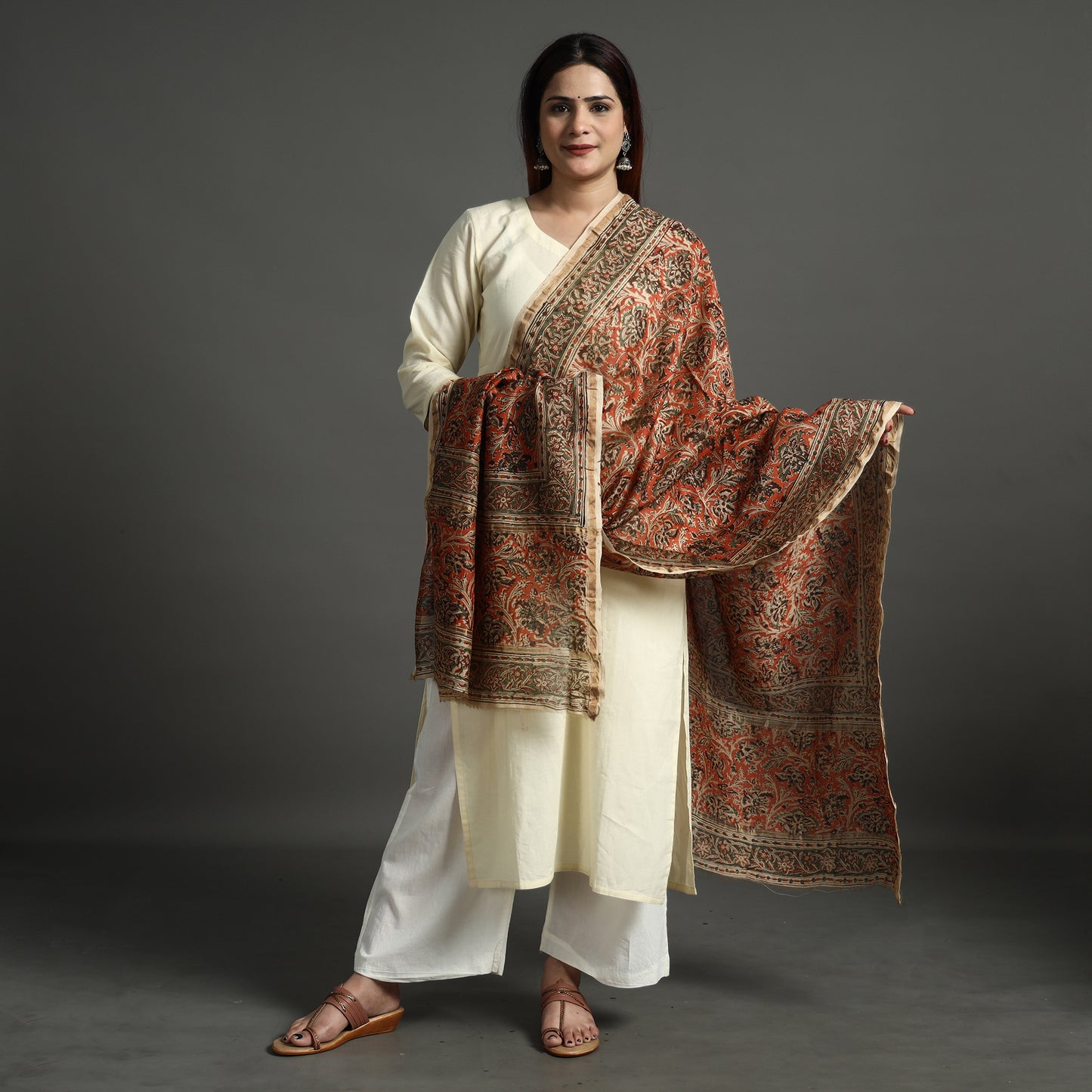 Multicolor - Pedana Kalamkari Block Printed Chanderi Silk Handloom Dupatta with Zari Border 77