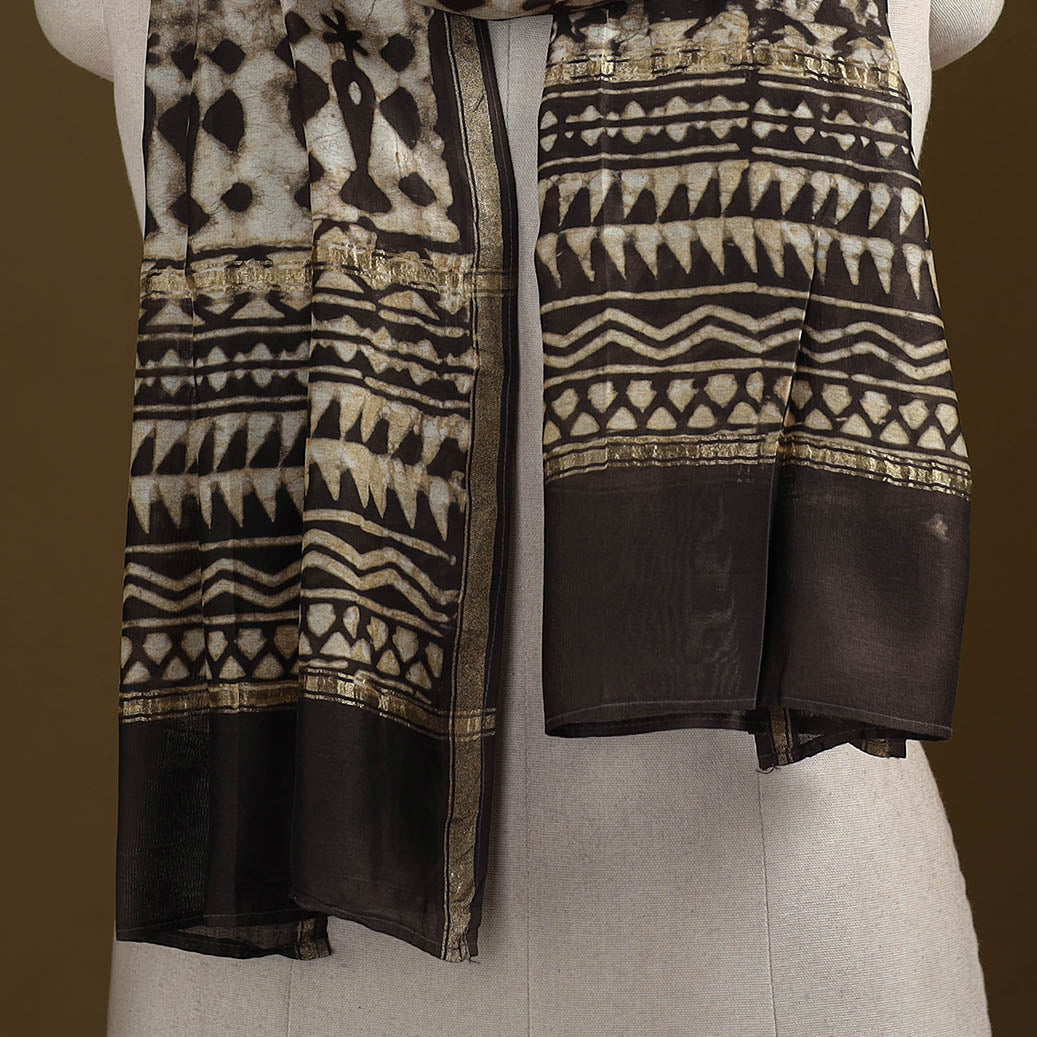 Brown - Pipad Hand Block Print Natural Dyed Chanderi Silk Handloom Stole 52