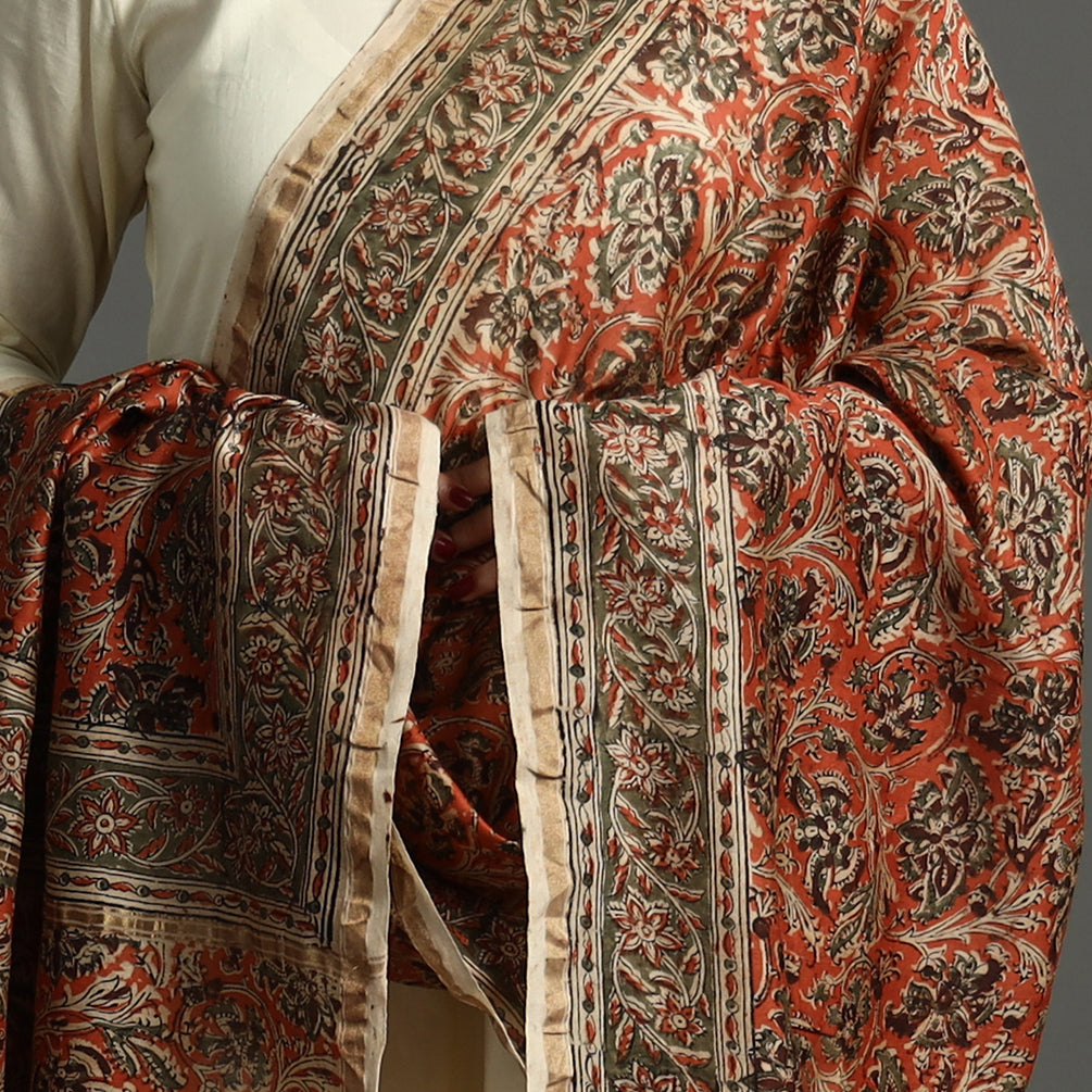 Multicolor - Pedana Kalamkari Block Printed Chanderi Silk Handloom Dupatta with Zari Border 77