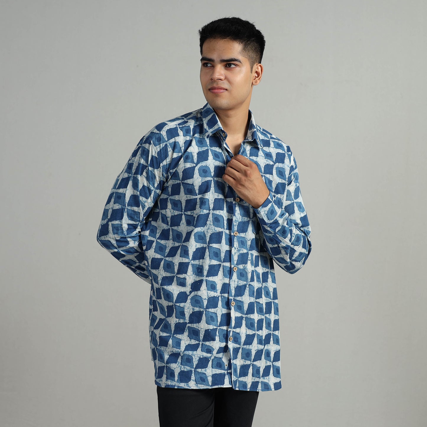 Blue - Indigo Block Printed Cotton Men Full Sleeve Shirt 16