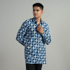 Blue - Indigo Block Printed Cotton Men Full Sleeve Shirt 16