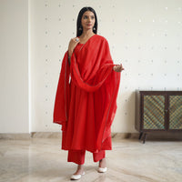 Nithya Red Cotton Flared Kurta with Palazzo & Dupatta Set