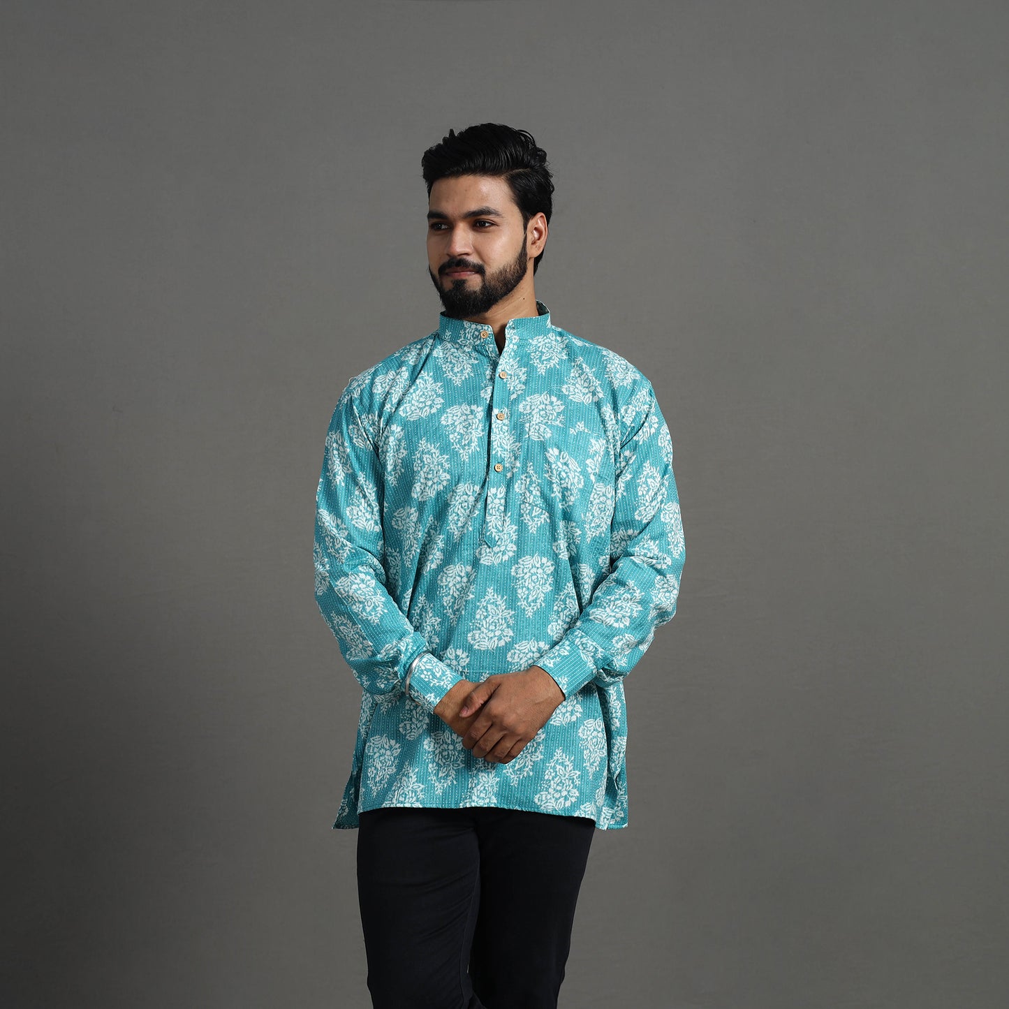 Kantha Stitch Cotton Short Sanganeri Kurta for Men 03