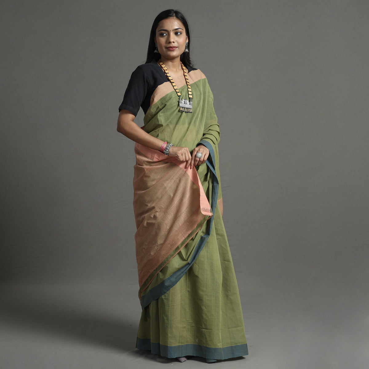 Green - Pure Handloom Natural Dyed Missing Plain Cotton Saree 13