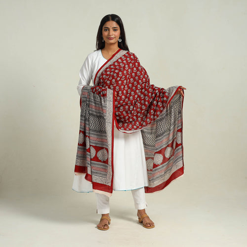 Red - Hand Block Print Cotton Bagh Dupatta 09