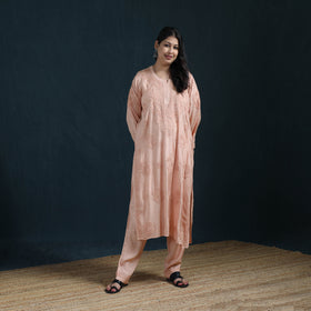 Peach - Hand Embroidered Muslin Chikankari Kurta with Pant Set for Women 23