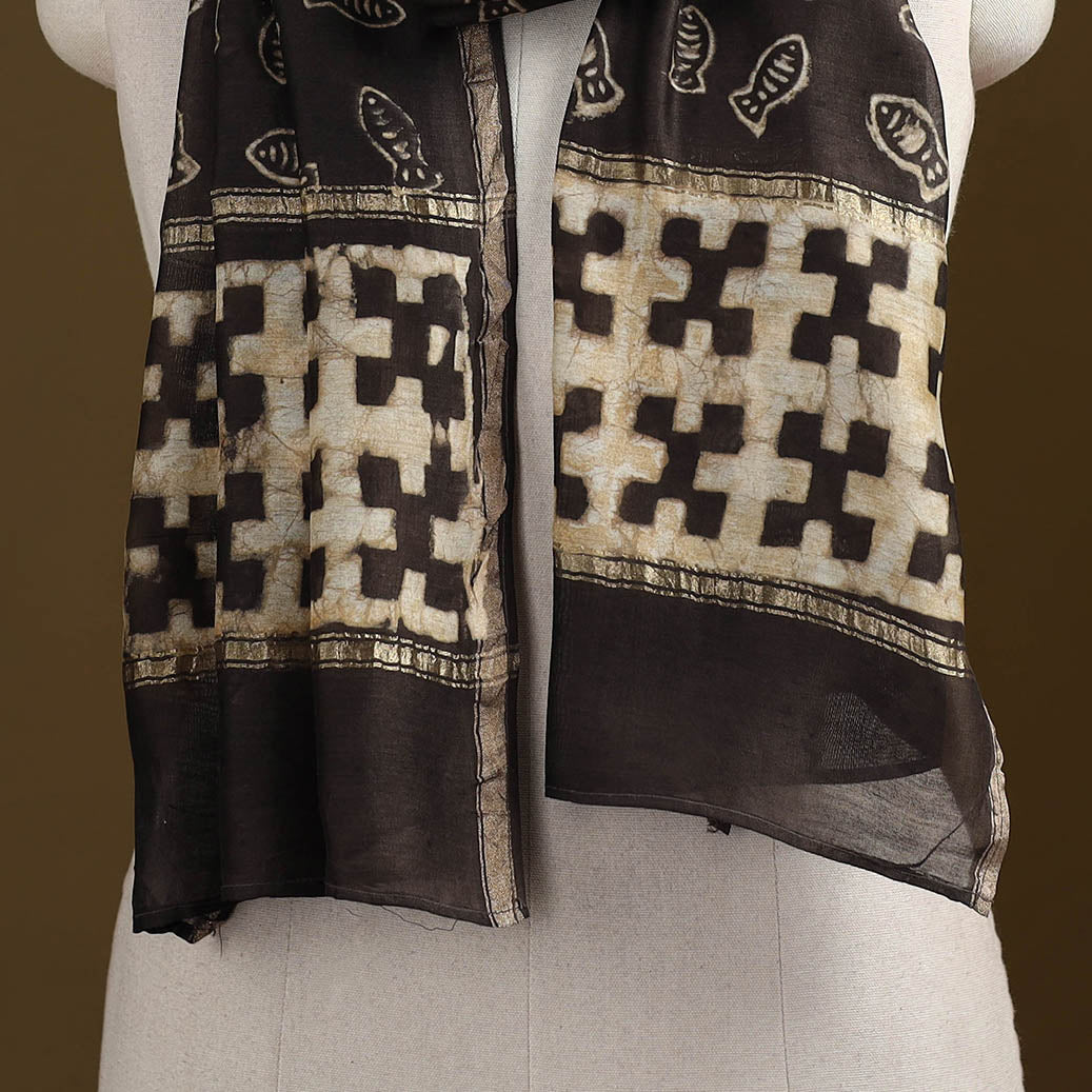 Brown - Pipad Hand Block Print Natural Dyed Chanderi Silk Handloom Stole 53