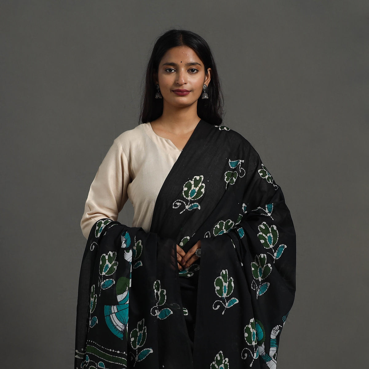 Black - Cotton Hand Batik Print Dupatta 34