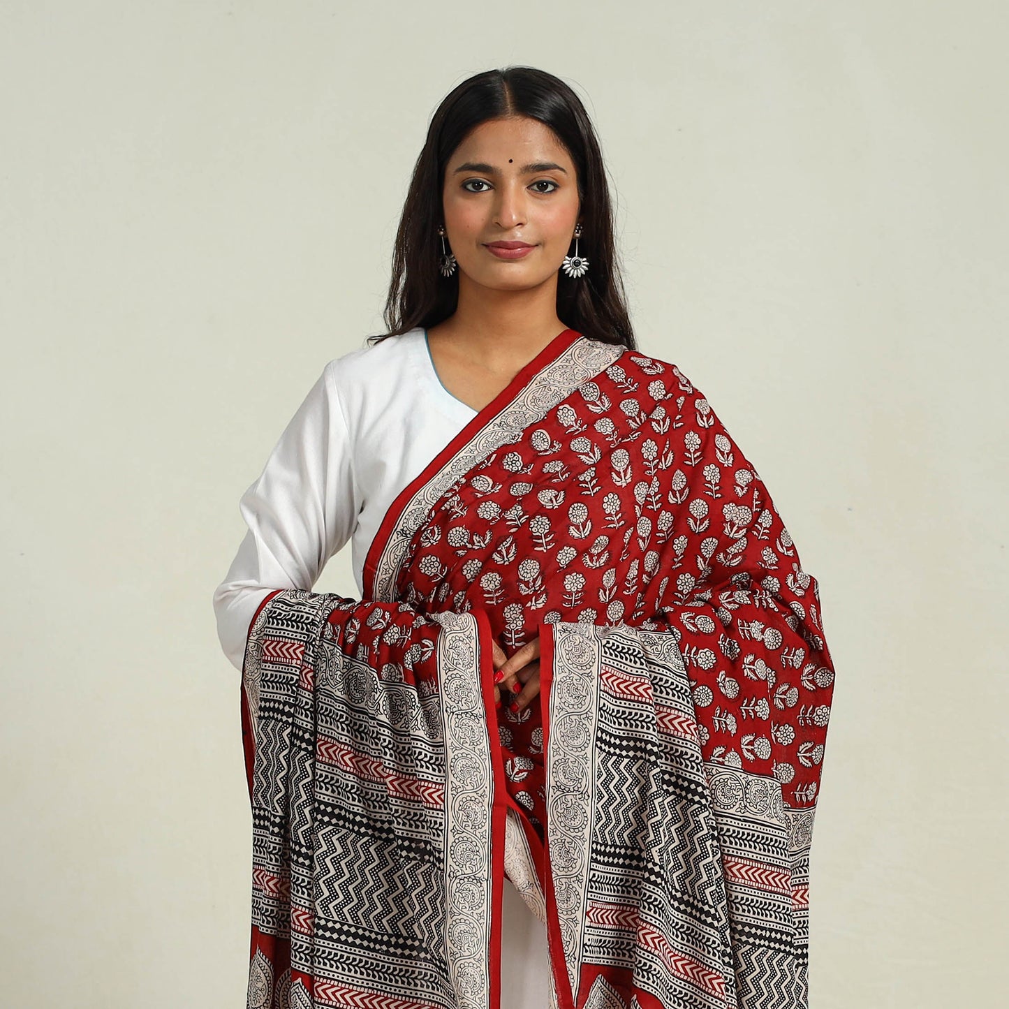 Red - Hand Block Print Cotton Bagh Dupatta 09