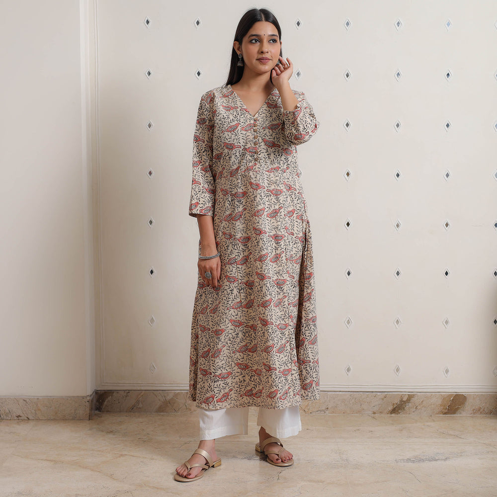 Beige - Pedana Kalamkari Block Printed Cotton A-Line Kurta 04